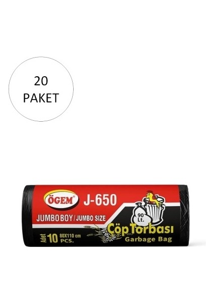 J-500 Jumbo Boy Çöp Torbası 80 x 110 cm 10 Lu Rulo x 20 Paket = 200 Adet (Siyah)