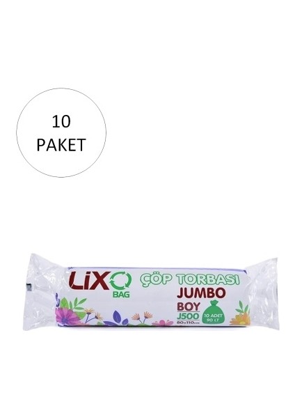 J-500 Jumbo Boy Çöp Torbası 80 x 110 cm 10 Lu Rulo x 10 Paket = 100 Adet (Siyah)