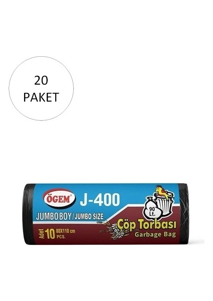 J-400 Jumbo Boy Çöp Torbası 80 x 110 cm 10 Lu Rulo x 20 Paket = 200 Adet (Siyah)