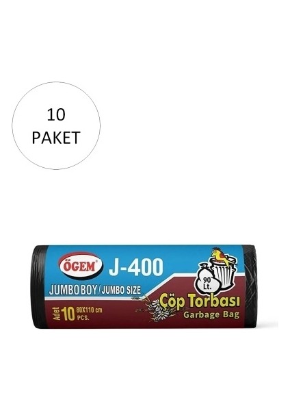 J-400 Jumbo Boy Çöp Torbası 80 x 110 cm 10 Lu Rulo x 10 Paket = 100 Adet (Siyah)