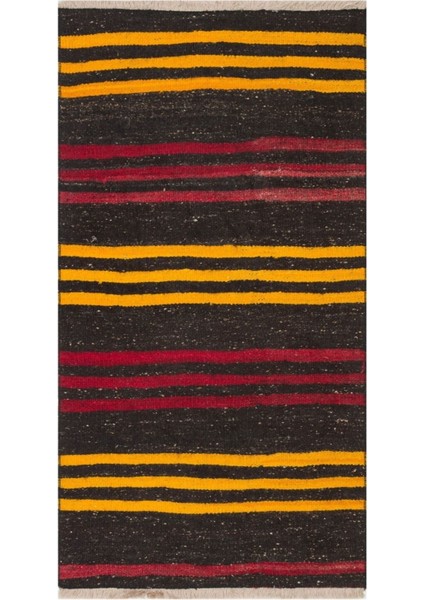 Gerçek El Dokuma Kırmızı Sarı Çizgili Vintage Kilim