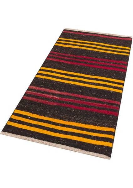 Gerçek El Dokuma Kırmızı Sarı Çizgili Vintage Kilim