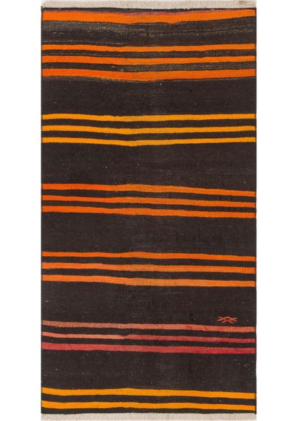 Anadolu El Dokuma Siyah Turuncu Rengi Çizgili Vintage Kilim