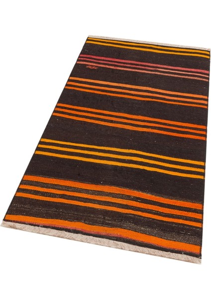 Anadolu El Dokuma Siyah Turuncu Rengi Çizgili Vintage Kilim