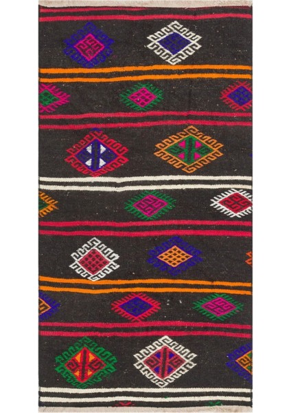 El Dokuma Çok Renkli Desen Vintage Kilim