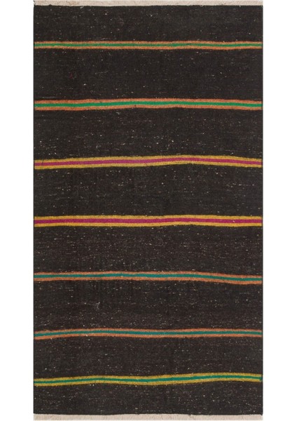 Gerçek El Dokuma Siyah Renk Sarı Fuşya Çizgili Vintage Kilim