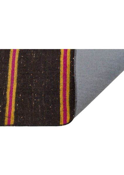 Gerçek El Dokuma Siyah Renk Sarı Fuşya Çizgili Vintage Kilim