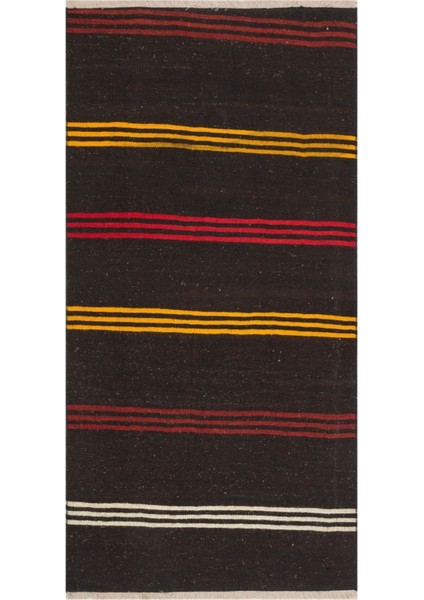 Anadolu El Dokuma Siyah Renk Turuncu Beyaz Çizgili Vintage Kilim