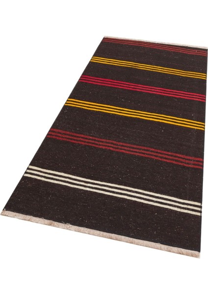 Anadolu El Dokuma Siyah Renk Turuncu Beyaz Çizgili Vintage Kilim