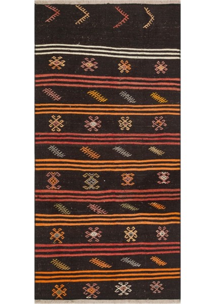 Gerçek El Dokuma Turuncu Rengi Çizgili Çiçekli Vintage Kilim