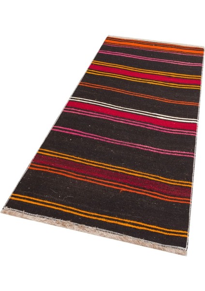 Gerçek El Dokuma Pembe Sarı Rengi Çizgili Vintage Kilim