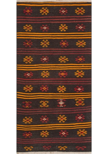 El Dokuma Sarı Kırmızı Çiçekli Desen Vintage Kilim