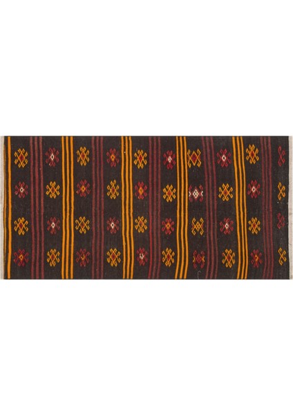 El Dokuma Sarı Kırmızı Çiçekli Desen Vintage Kilim