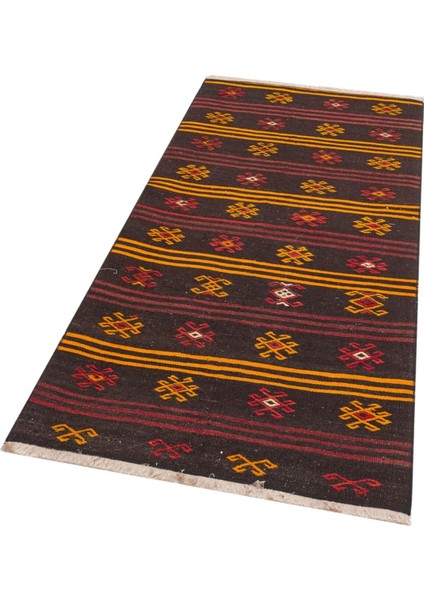 El Dokuma Sarı Kırmızı Çiçekli Desen Vintage Kilim