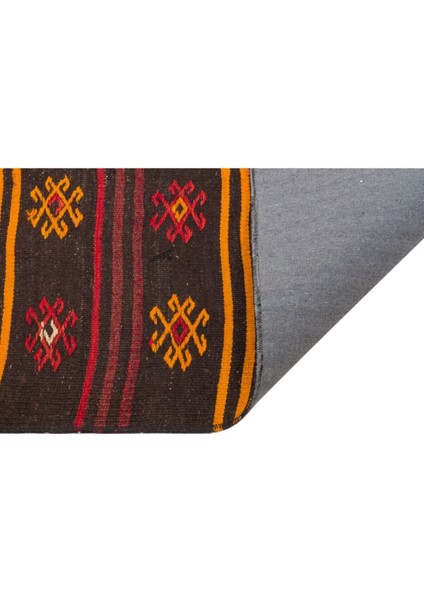 El Dokuma Sarı Kırmızı Çiçekli Desen Vintage Kilim