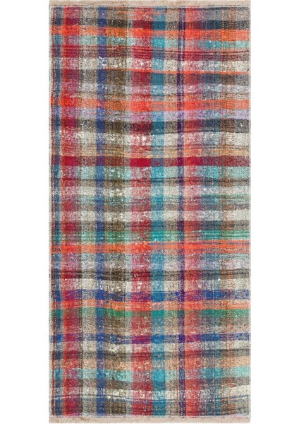 Eşsiz Anadolu El Dokuma Naturel Renk Kareli Desen Vintage Kilim