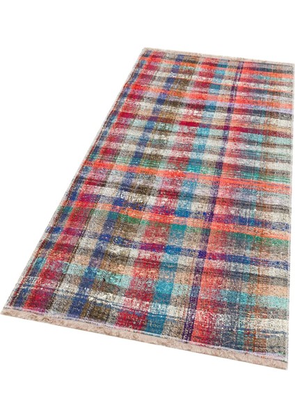 Eşsiz Anadolu El Dokuma Naturel Renk Kareli Desen Vintage Kilim