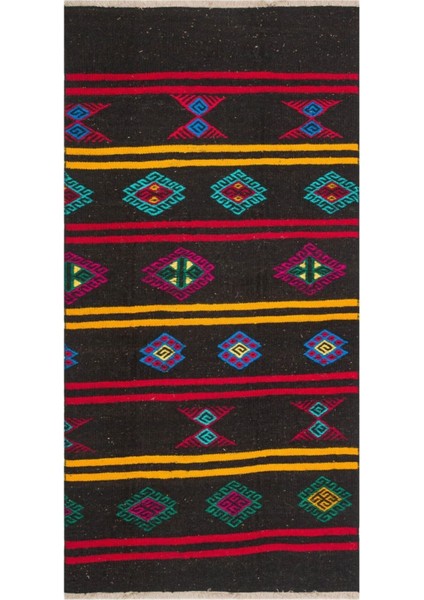 Gerçek El Dokuma Yeşil Pembe Rengi Çiçekli Vintage Kilim