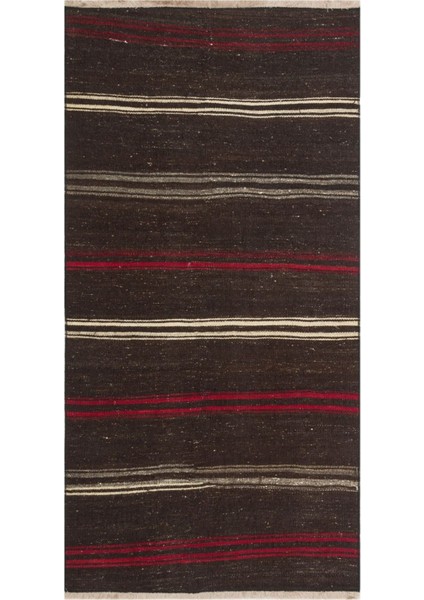 Gerçek El Dokuma Siyah Rengi Beyaz Kırmızı Çizgili Vintage Kilim