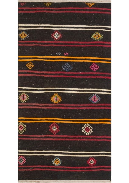 Gerçek El Dokuma Renkli Çizgili Vintage Kilim