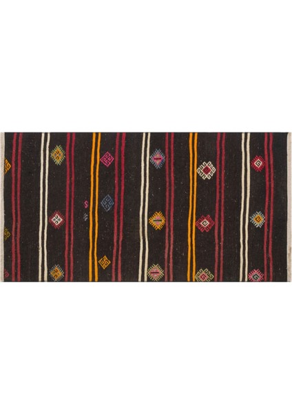 Gerçek El Dokuma Renkli Çizgili Vintage Kilim