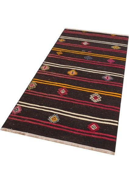 Gerçek El Dokuma Renkli Çizgili Vintage Kilim