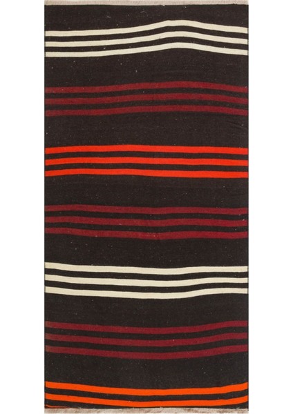 El Dokuma Doğal Beyaz Turuncu Çizgili Vintage Kilim