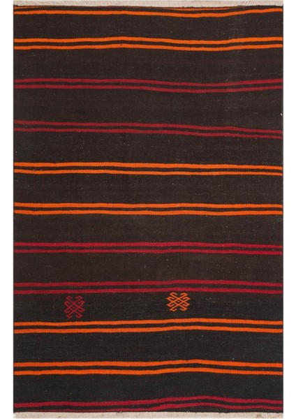 Anadolu El Dokuma Doğal Turuncu Rengi Çizgili Vintage Kilim