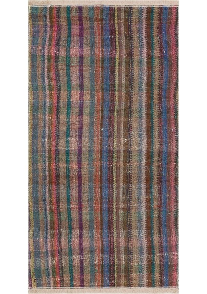 Naturel Rengi Çizgili El Dokuma Vintage Kilim