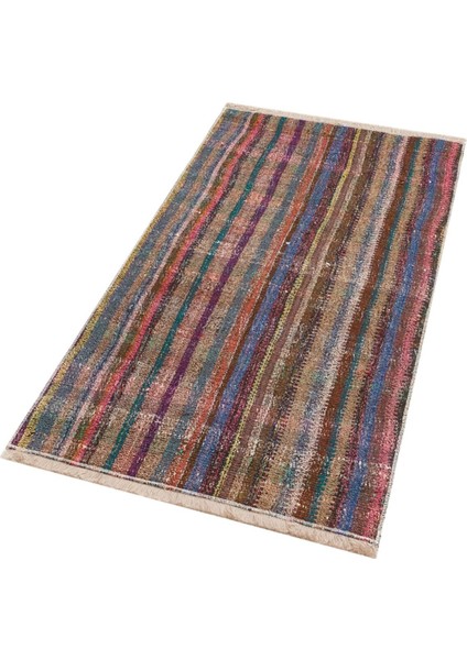 Naturel Rengi Çizgili El Dokuma Vintage Kilim