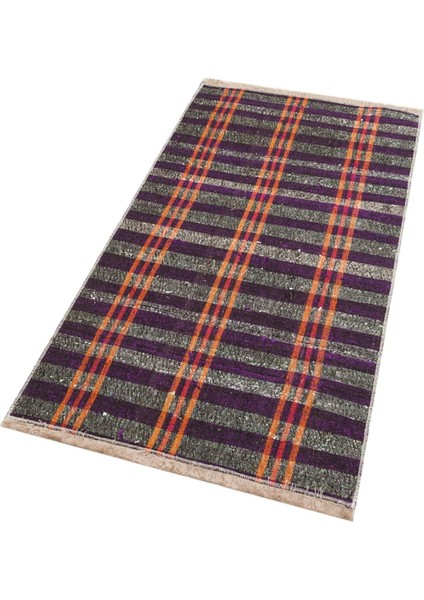 Anadolu El Dokuma Mor Grı Rengi Karışık Çizgili Vintage Kilim