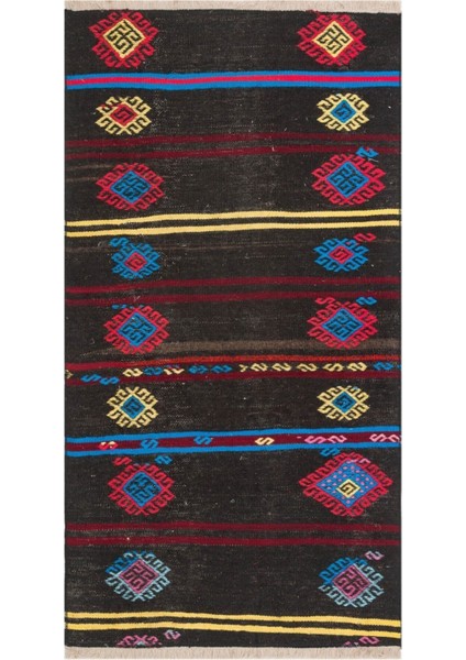 Gerçek El Dokuma Kırmızı Mavi Renk Çiçekli Vintage Kilim