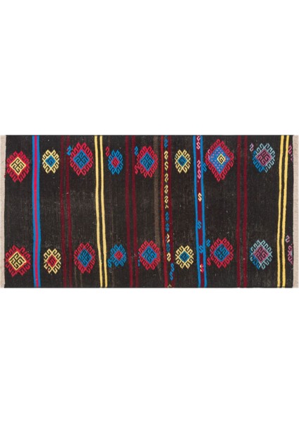 Gerçek El Dokuma Kırmızı Mavi Renk Çiçekli Vintage Kilim