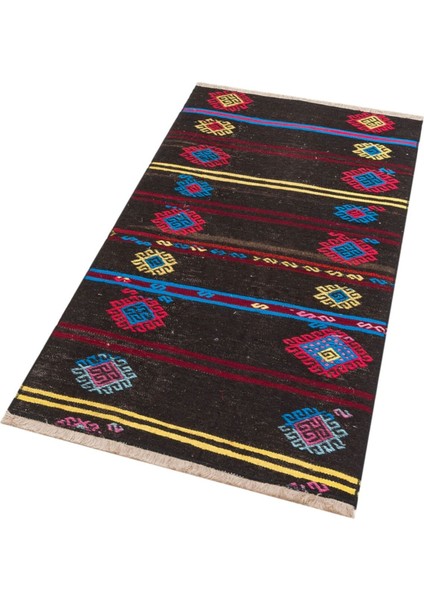 Gerçek El Dokuma Kırmızı Mavi Renk Çiçekli Vintage Kilim