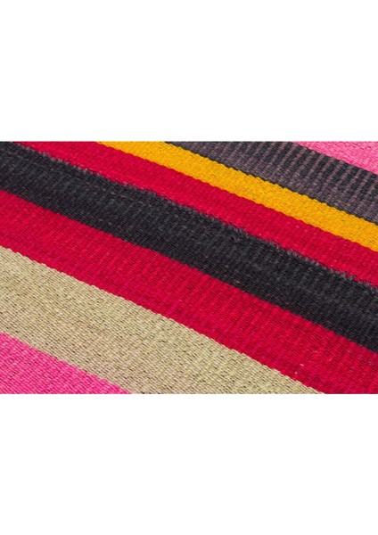 Eşsiz El Dokuma Pembe Sari Çizgili Vintage Kilim