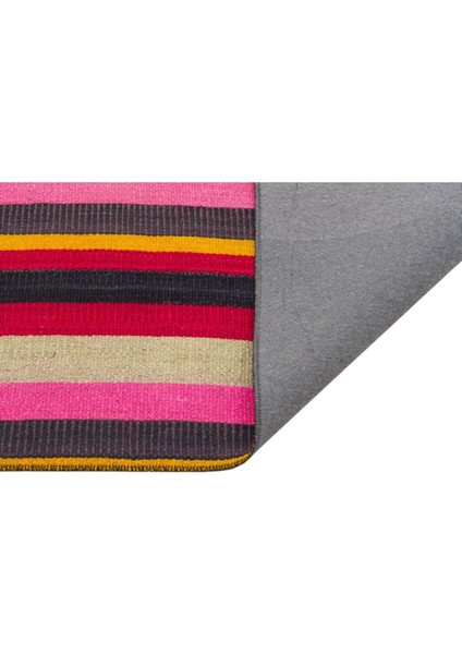 Eşsiz El Dokuma Pembe Sari Çizgili Vintage Kilim