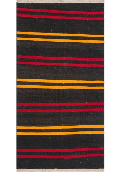 Grand Hedef Halı Gerçek El Dokuma Sarı Kırmızı Rengi Çizgili Desen Vintage Kilim