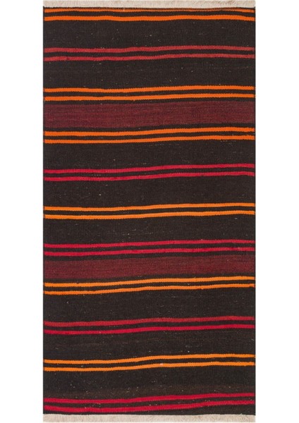 Gerçek El Dokuma Turuncu Kırmızı Renk Çizgili Vintage Kilim