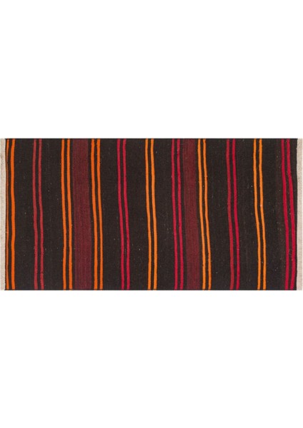 Gerçek El Dokuma Turuncu Kırmızı Renk Çizgili Vintage Kilim