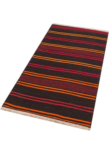 Gerçek El Dokuma Turuncu Kırmızı Renk Çizgili Vintage Kilim