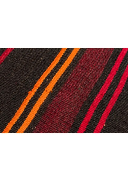 Gerçek El Dokuma Turuncu Kırmızı Renk Çizgili Vintage Kilim