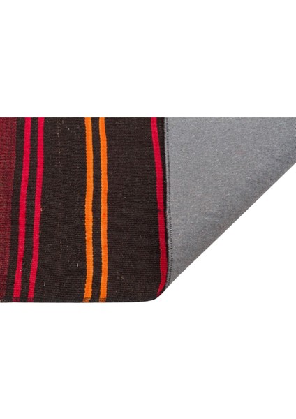 Gerçek El Dokuma Turuncu Kırmızı Renk Çizgili Vintage Kilim