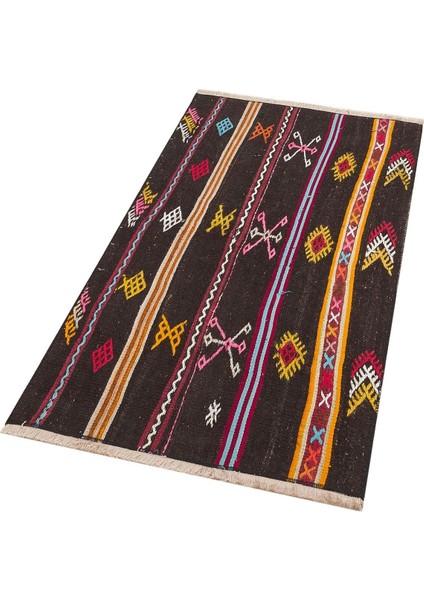 Sarı Rengi Çiçekli El Dokuma Vintage Kilim