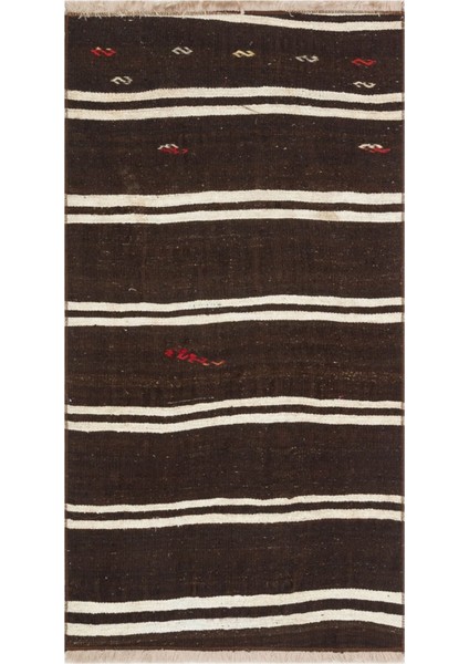 Anadolu El Dokuma Beyaz Rengi Çizili Siyah Vintage Kilim