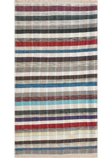 Grand Hedef Halı Beyaz Renkli Çizgili Desen El Dokuma Vintage Kilim