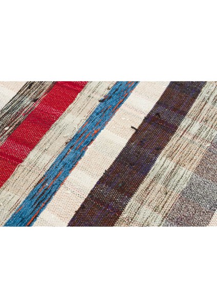 Grand Hedef Halı Beyaz Renkli Çizgili Desen El Dokuma Vintage Kilim