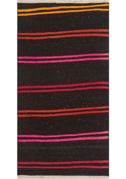 Siyah Renk Pembe Turunce Renk Çizgili Vintage Kilim