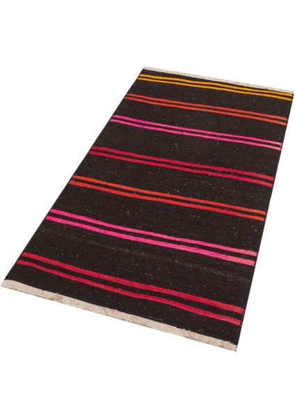 Siyah Renk Pembe Turunce Renk Çizgili Vintage Kilim