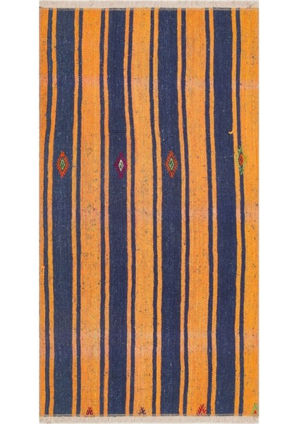 Anadolu El Dokuma Mavi Turuncu Renk Vintage Kilim