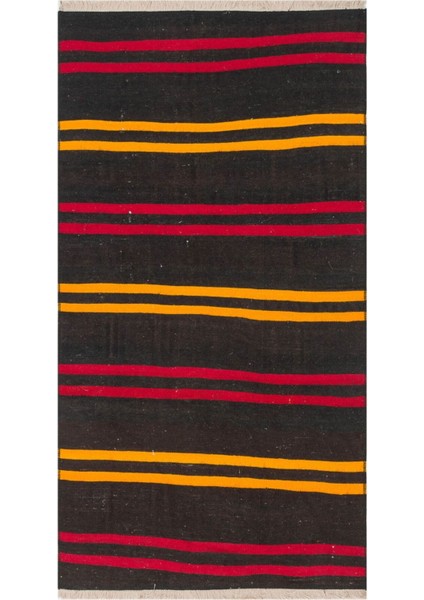 El Dokuma Sarı Kırmızı Çizgili Desen Vintage Kilim